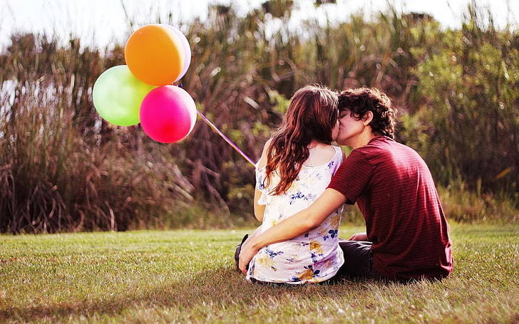 amor, beso, campo, globos, novios