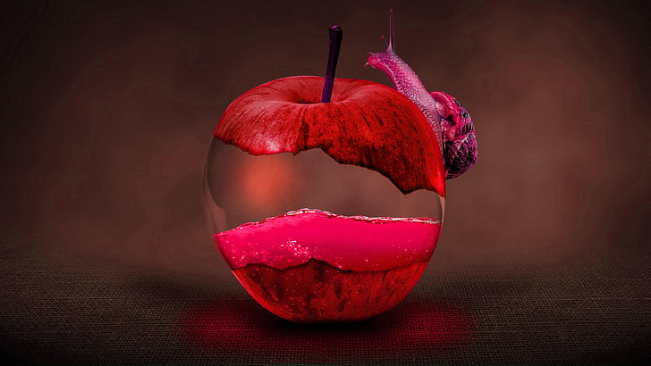 apple, red, background, snail, fantasy
