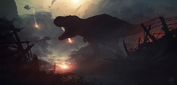 silhouette of T-Rex concept art, digital art, dinosaurs, apocalyptic