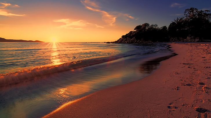 seashore, long exposure, sunset, nature, beach, sunlight, sky, HD wallpaper