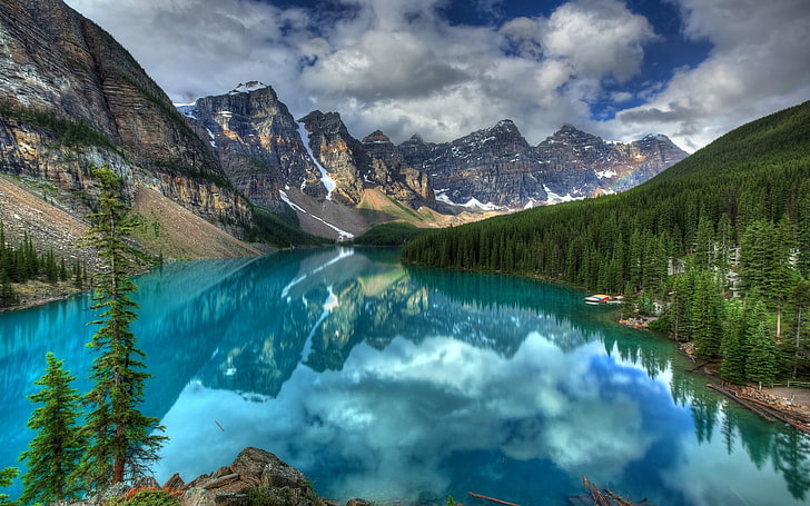 brown mountain, nature, HDR, landscape, lake, reflection, mountains, HD wallpaper