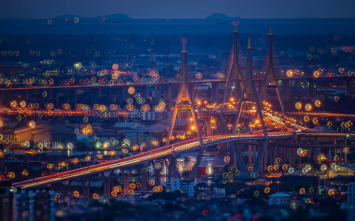 Thailand Bhumibol Bridge, lights, evening, night, สะพาน ภูมิพล