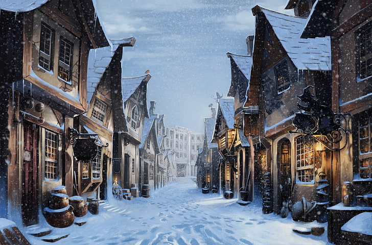 diagon alley, harry potter, snow, artwork, Movies, architecture