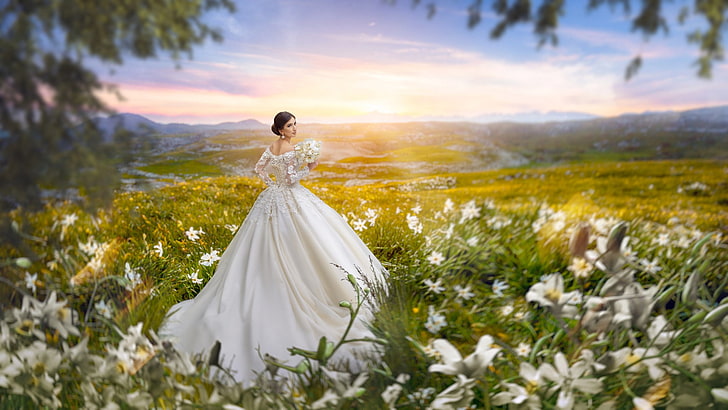 brides, flowers, bouquet, field, bokeh, Ekaterina Skorobogatov, HD wallpaper