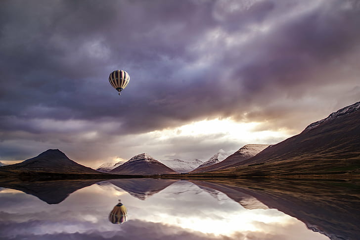 hot air balloon flying above the body of water, Drifter, land