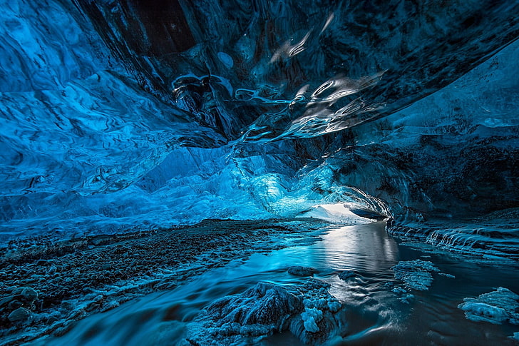 river water, ice, cave, cold temperature, glacier, frozen, blue, HD wallpaper