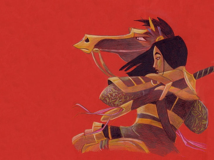 Mulan illustration, artwork, Disney, movies, colored background, HD wallpaper