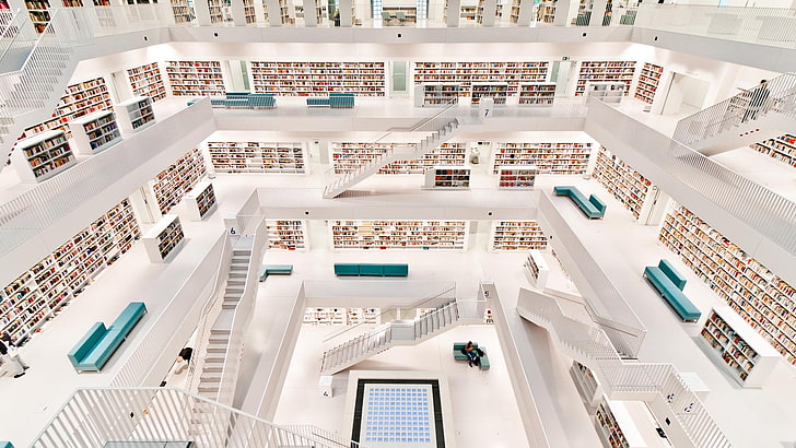 white concrete stairs, library, Stuttgart, modern, architecture
