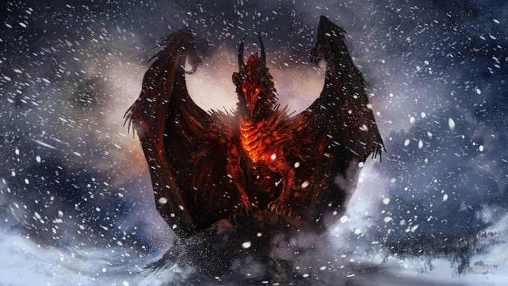 black dragon wallpaper, fantasy art, snow, winter, nature, outdoors, HD wallpaper