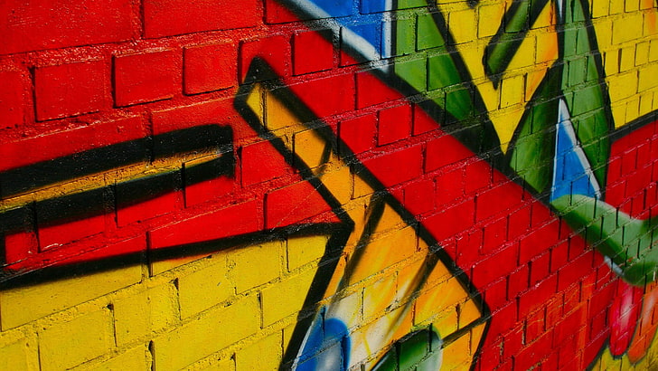 black and blue metal frame, wall, colorful, graffiti, multi colored