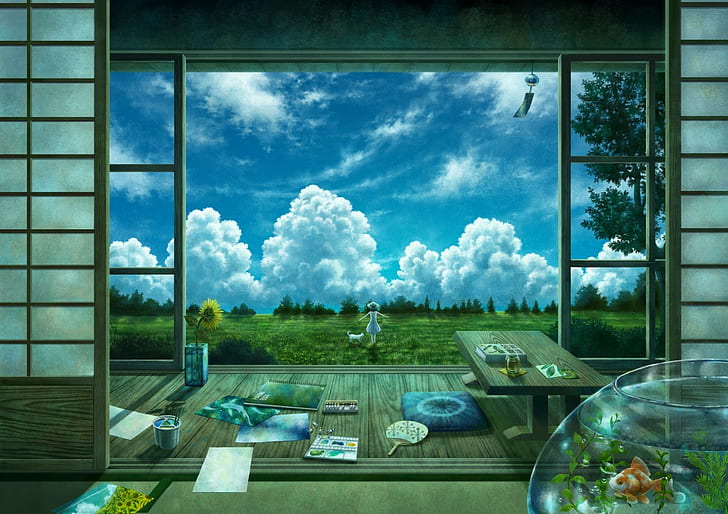 anime, landscape, sky, transparent, cloud - sky, glass - material