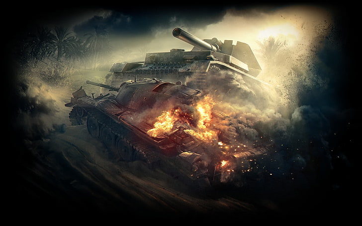 grey army tank wallpaper, Sunset, The sky, Sand, Clouds, Fog HD wallpaper