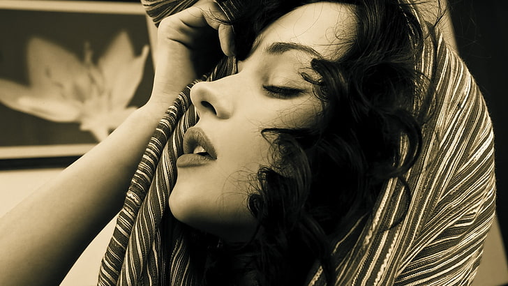 Katie Fey, sepia, women, brunette, curly hair, face, closed eyes