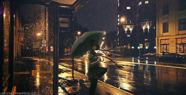 anime girls, umbrella, rain, night, city, street, illuminated, HD wallpaper