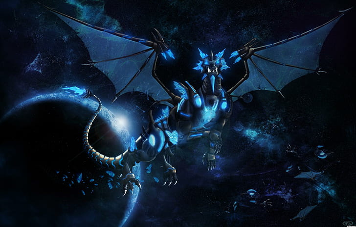 Blue Dragon, blue frost wyrm, worlds, space, aliens, dragons, HD wallpaper