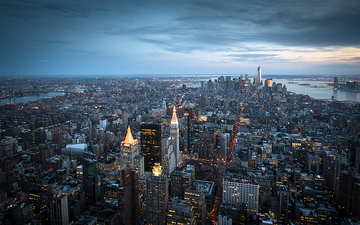 New York City, Manhattan, USA, skyscrapers, buildings, bay, dusk