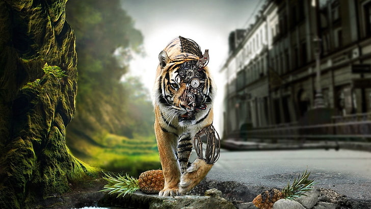 tiger illustration, fantasy art, animals, digital art, robot, HD wallpaper