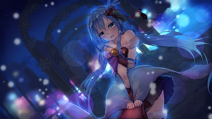anime girl, shy expression, bokeh, blue hair, twintails