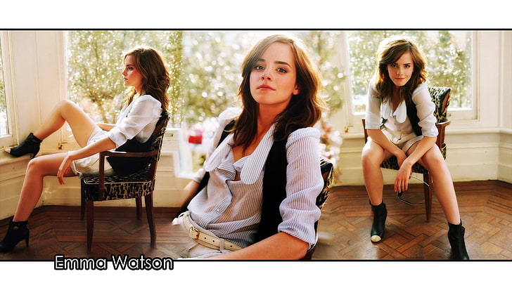 Emma Watson collage, actress, women, chair, sitting, celebrity