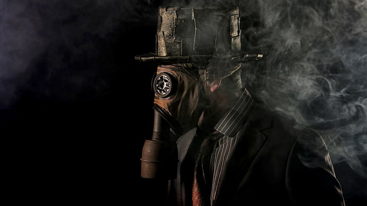 smoke, hat, steampunk, black background, gas masks, men, vintage, HD wallpaper