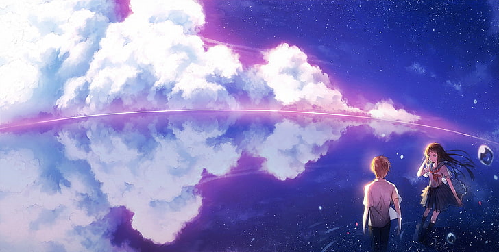 anime couple, school uniform, beyond the clouds, scenic, stars, HD wallpaper