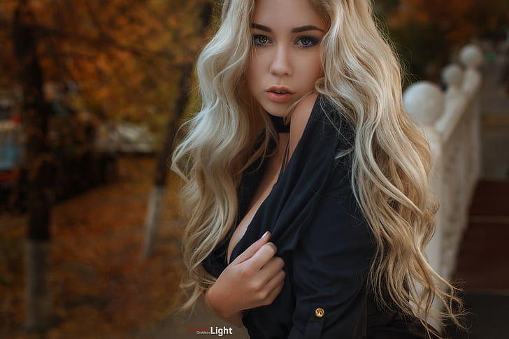 women, blonde, depth of field, portrait, long hair, Alexander Drobkov, HD wallpaper