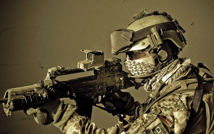 brown assault rifle, soldier, German, army, weapon, G36K, Bundeswehr, HD wallpaper