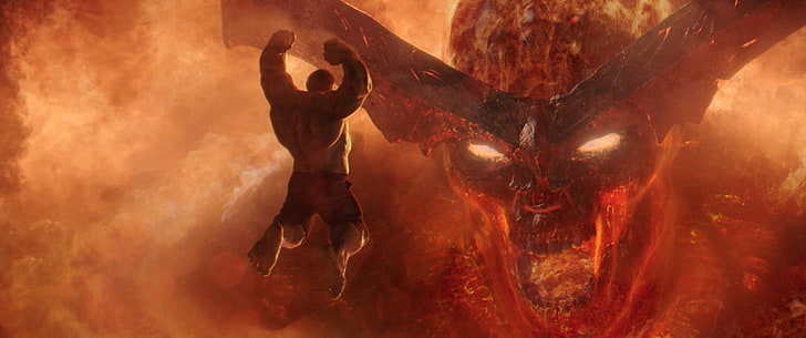 Thor : Ragnarok, Hulk, jumping, Surtur, fire, demon, screaming