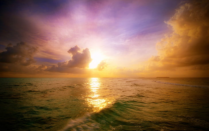 sunset, waves, sea, clouds, HD wallpaper