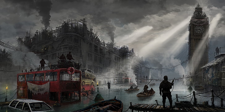 game scene illustration, apocalyptic, London, artwork, dystopian