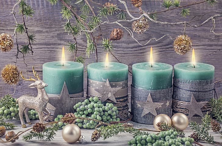decoration, balls, candles, New Year, Christmas, gifts, happy, HD wallpaper