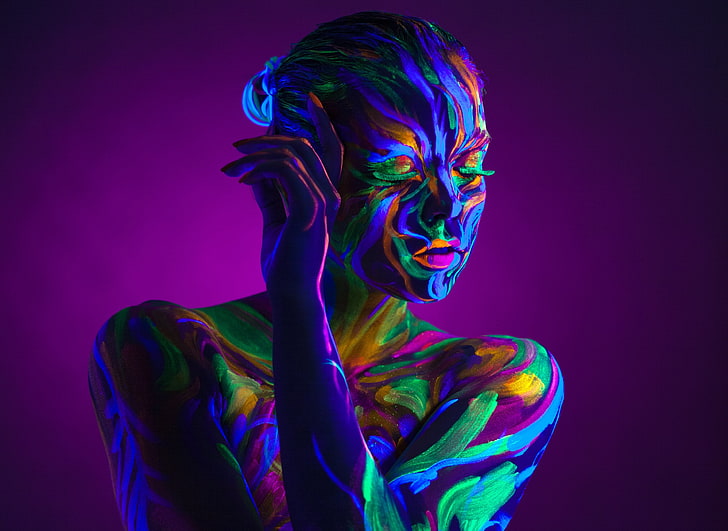 multicolored body paint, women, neon, purple background, colorful