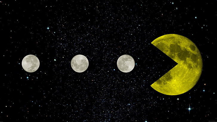 moon illustration, Pac-Man, yellow, space, stars, black, retro games