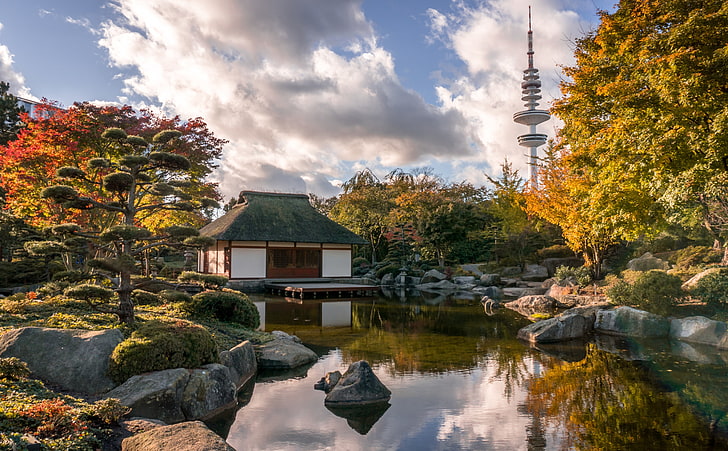 Japanese Garden HDR, white and green wooden house, Nature, Landscape