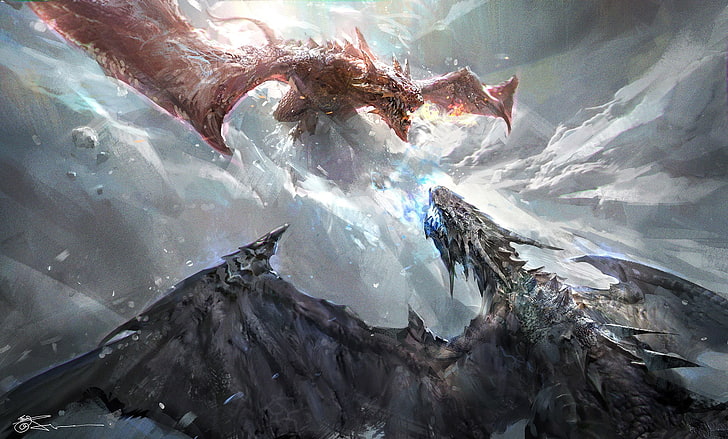fantasy art, dragon, cold temperature, snow, winter, nature