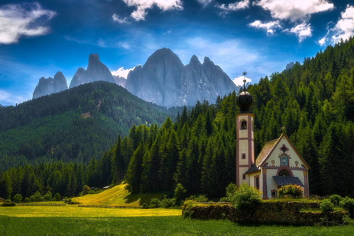 forest, mountains, meadow, Italy, Church, The Dolomites, South Tyrol