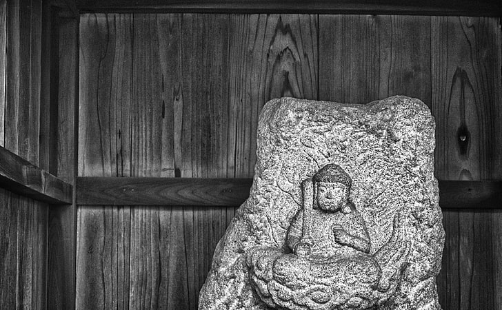 Fudo Sama, gray concrete Buddha statuate, Black and White, Photoshop