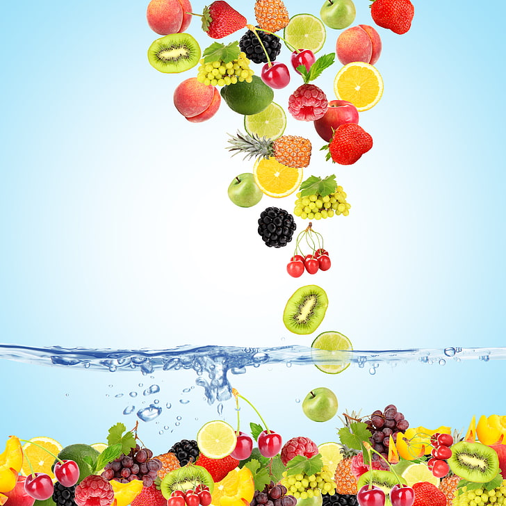 assorted-variety of sliced fruit lot illustration, water, bubbles, HD wallpaper