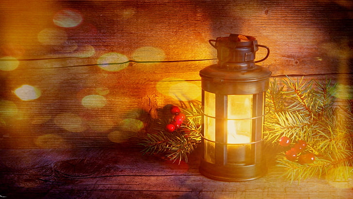 black lantern, lights, fire, Christmas, container, bottle, indoors, HD wallpaper