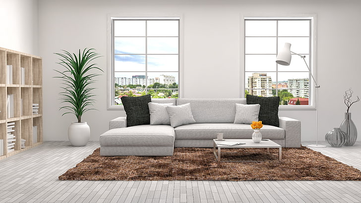 design, sofa, furniture, Windows, interior, pillow, living room, HD wallpaper