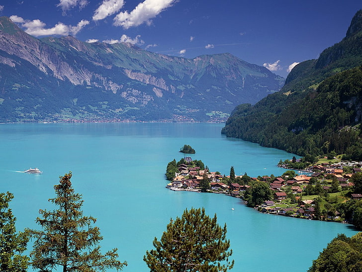 lake, mountains, town, water, scenics - nature, beauty in nature