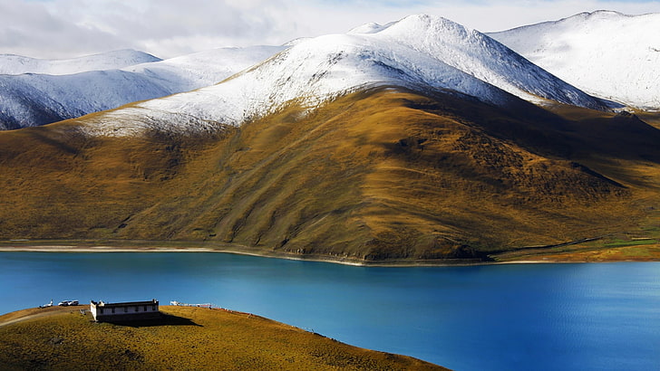 tibet, snow, mountains, field, meadow, landscape, tibetan plateau, HD wallpaper