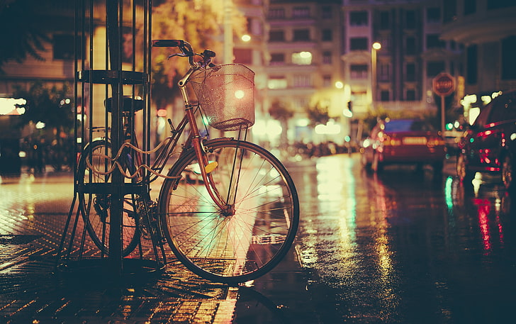red step-through bicycle, street, urban, car, Eliézede Andrade, HD wallpaper