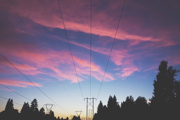 black and white 3-panel room divider, clouds, sunset, power lines, HD wallpaper
