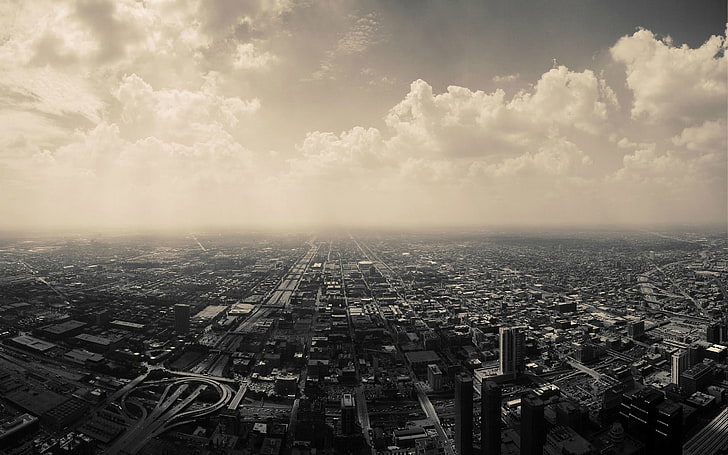 aerial grayscale photography of cityscape, Chicago, sky, clouds, HD wallpaper
