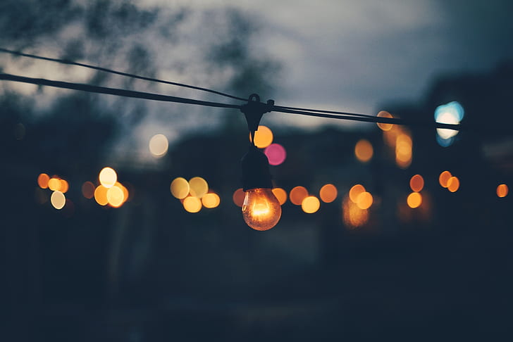 street light, bokeh, blurred, lightbulb, lights, dark, HD wallpaper