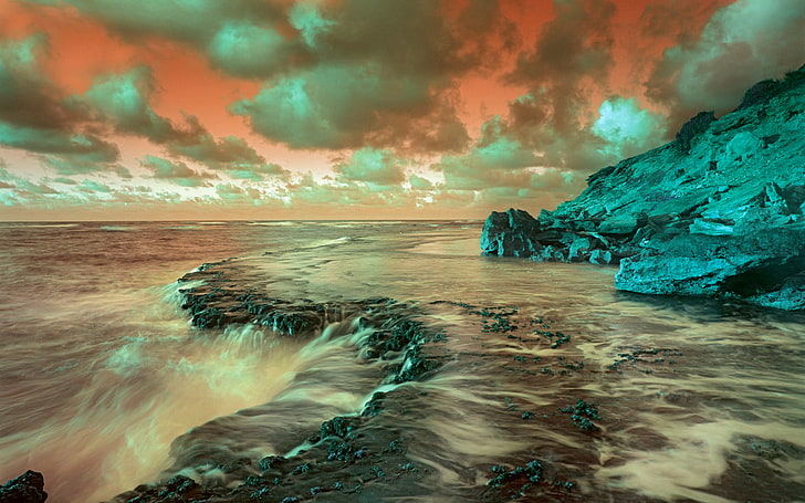 streaming body of water under cloudy sky, clouds, Photoshop, sea