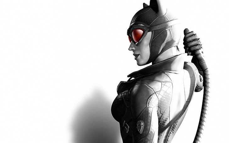 Batman arkham city, Girl, Cat, Mask, Back, Glasses, Black and white, HD wallpaper
