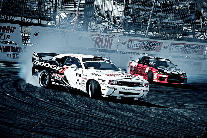 white Dodge Challenger, competition, smoke, show, drift, S15 HD wallpaper