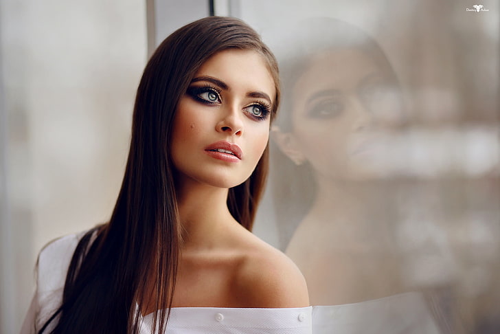 Dmitry Arhar, long hair, window, reflection, makeup, women